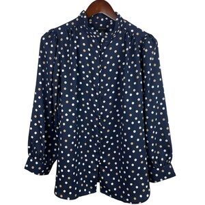 Ann Taylor | Navy White Khaki Polka Dot High Neck Button Blouse